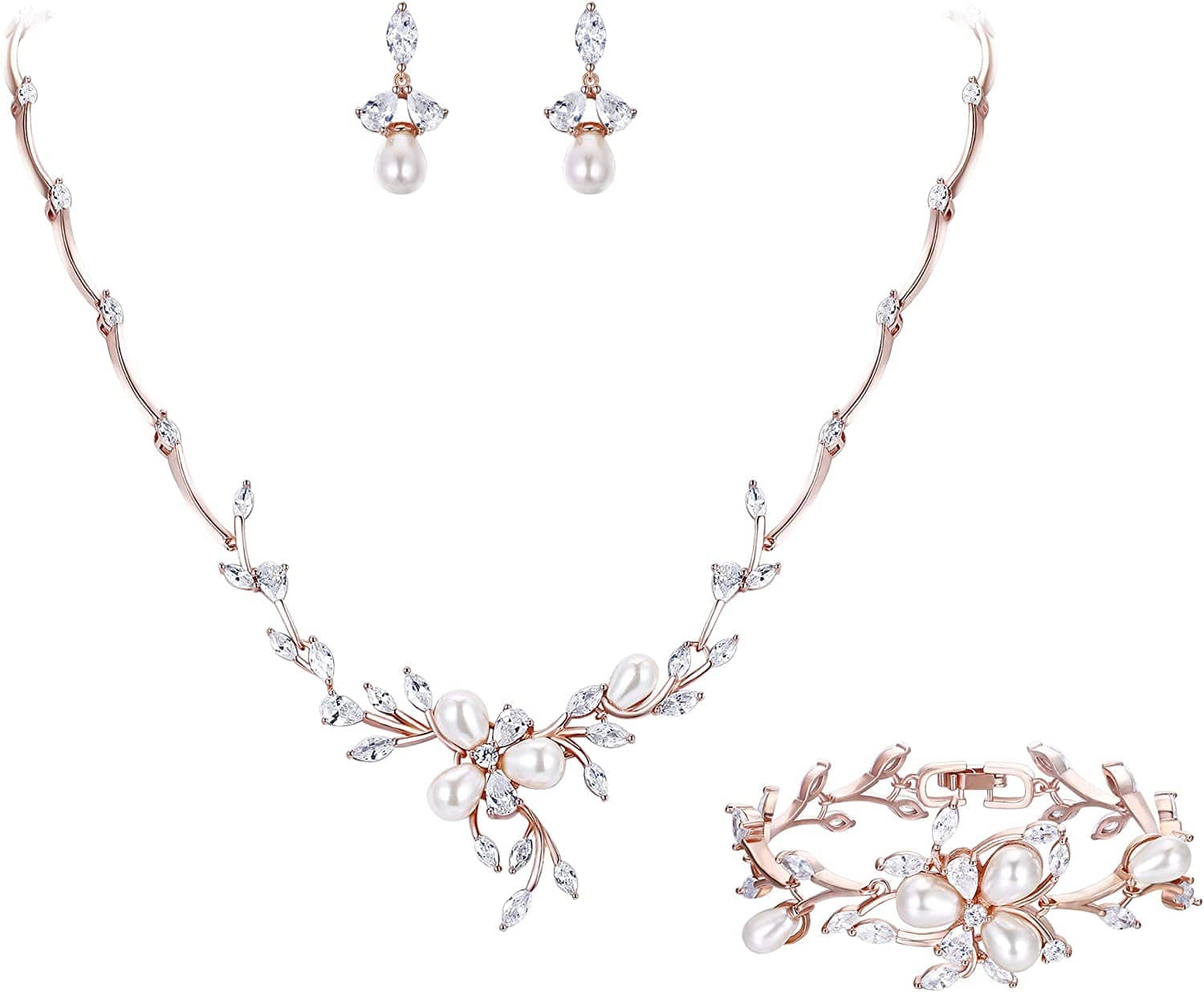 EVER FAITH Marquise CZ Simulated Pearl Bridal Flower Leaf Filigree Necklace Earrings Bracelet Set Earring+Necklace+Bracelet_Rose Gold