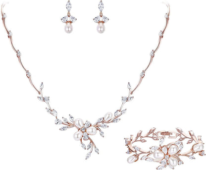 EVER FAITH Marquise CZ Simulated Pearl Bridal Flower Leaf Filigree Necklace Earrings Bracelet Set Earring+Necklace+Bracelet_Rose Gold