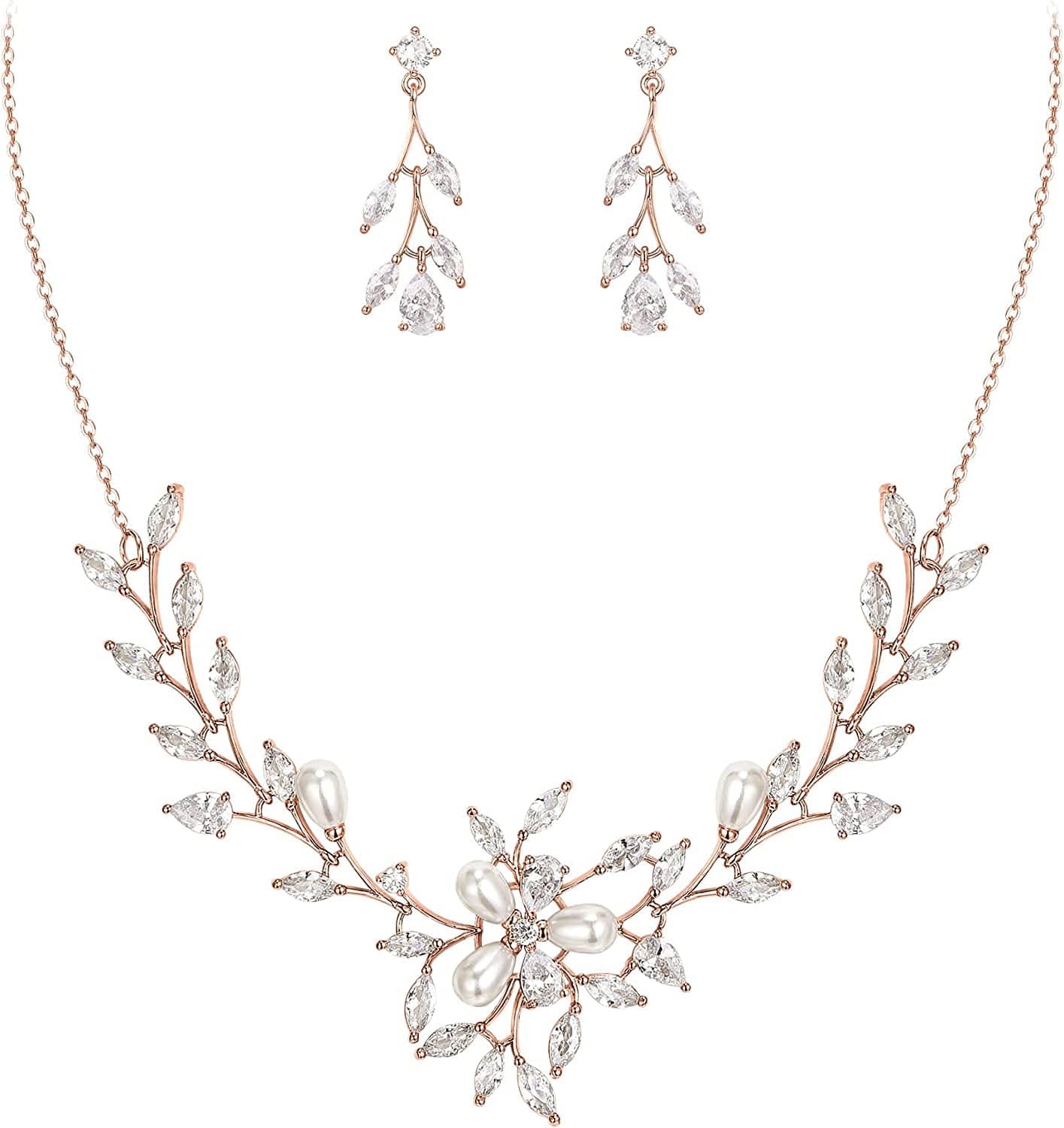 EVER FAITH Marquise CZ Simulated Pearl Bridal Flower Leaf Filigree Necklace Earrings Bracelet Set Necklace+Earring_Rose Gold