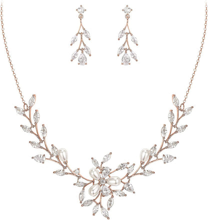 EVER FAITH Marquise CZ Simulated Pearl Bridal Flower Leaf Filigree Necklace Earrings Bracelet Set Necklace+Earring_Rose Gold