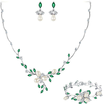 EVER FAITH Marquise CZ Simulated Pearl Bridal Flower Leaf Filigree Necklace Earrings Bracelet Set Necklace+Earring+Bracelet_Green