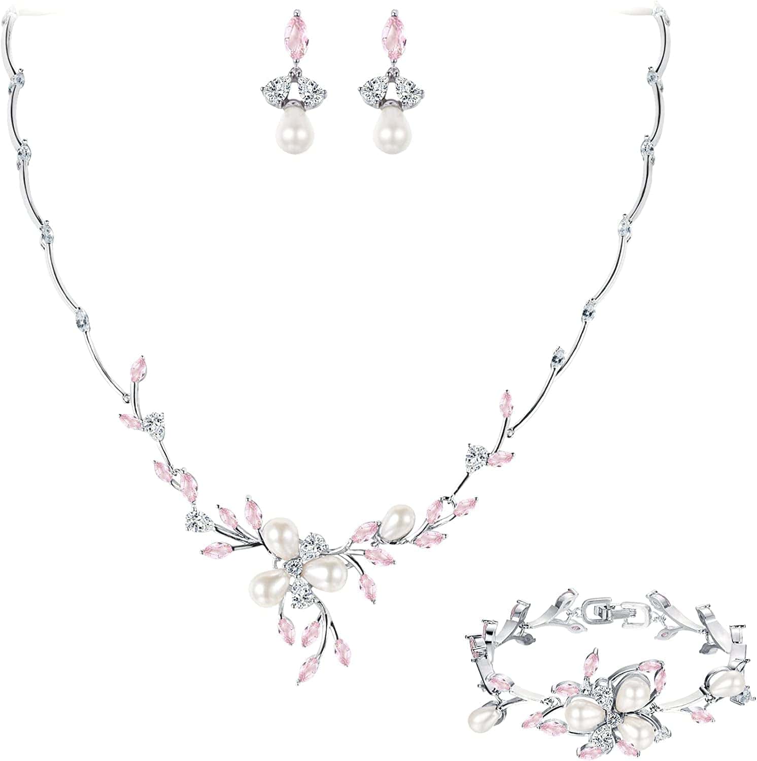 EVER FAITH Marquise CZ Simulated Pearl Bridal Flower Leaf Filigree Necklace Earrings Bracelet Set Earring+Necklace+Bracelet_Pink
