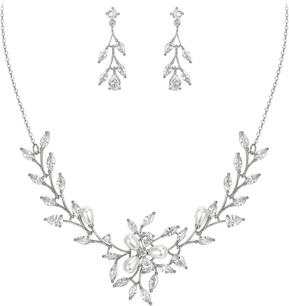 EVER FAITH Marquise CZ Simulated Pearl Bridal Flower Leaf Filigree Necklace Earrings Bracelet Set Necklace+Earring_Clear