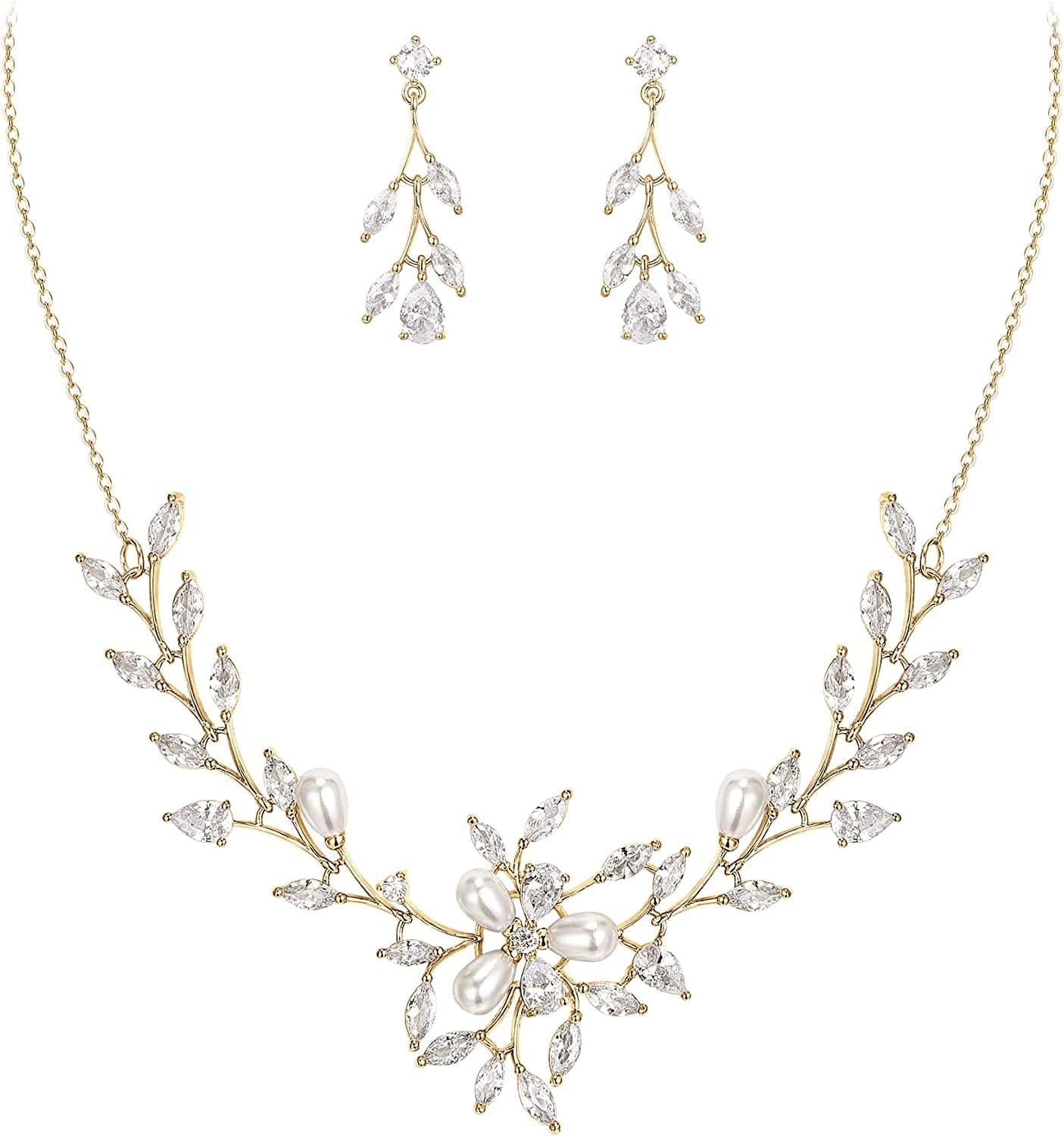 EVER FAITH Marquise CZ Simulated Pearl Bridal Flower Leaf Filigree Necklace Earrings Bracelet Set Necklace+Earring_Gold
