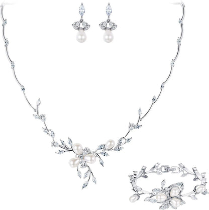 EVER FAITH Marquise CZ Simulated Pearl Bridal Flower Leaf Filigree Necklace Earrings Bracelet Set Earring+Necklace+Bracelet_Clear