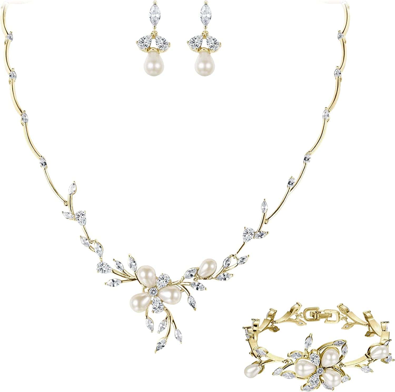 EVER FAITH Marquise CZ Simulated Pearl Bridal Flower Leaf Filigree Necklace Earrings Bracelet Set Necklace+Earring+Bracelet_Clear Gold-Tone