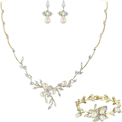 EVER FAITH Marquise CZ Simulated Pearl Bridal Flower Leaf Filigree Necklace Earrings Bracelet Set Necklace+Earring+Bracelet_Clear Gold-Tone