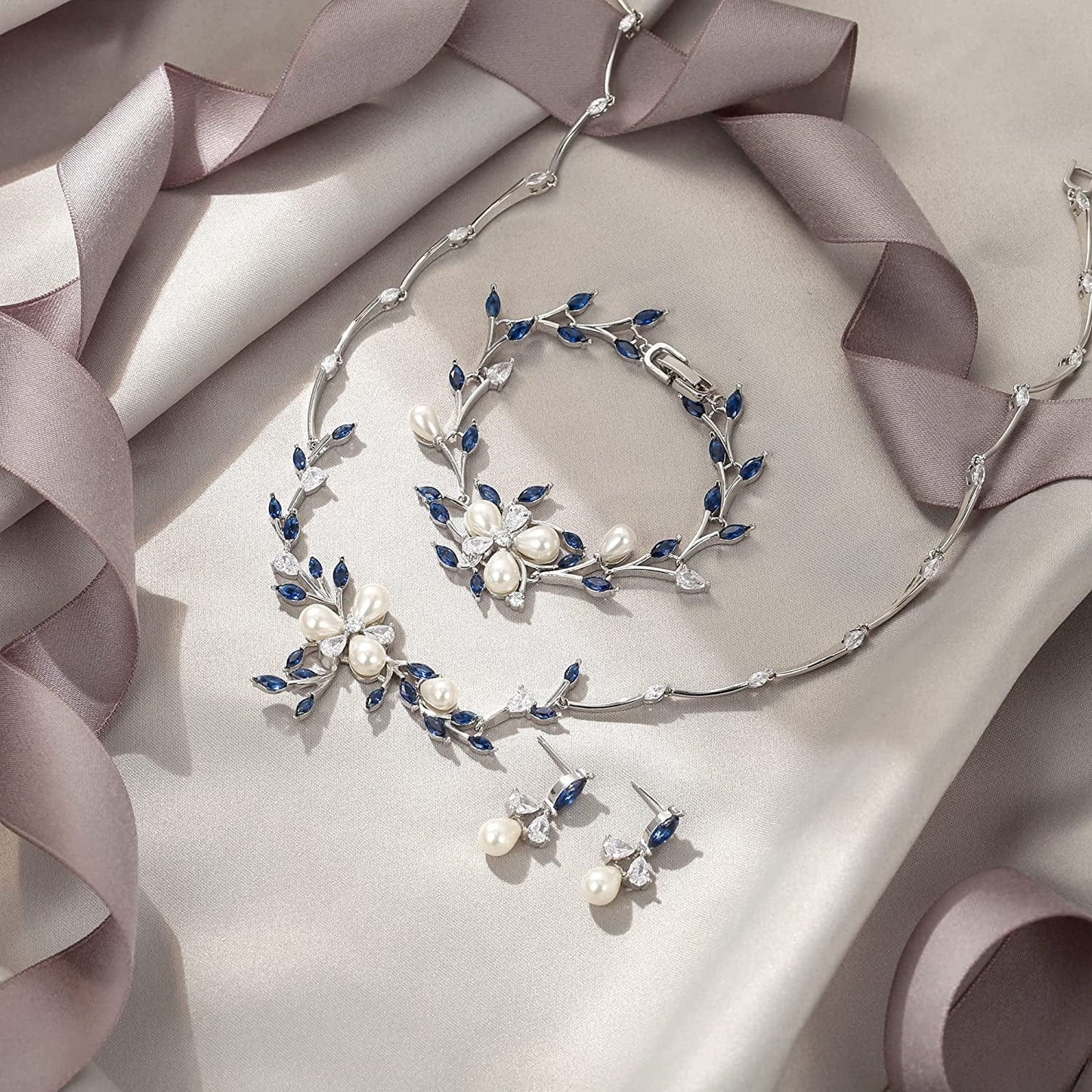 EVER FAITH Marquise CZ Simulated Pearl Bridal Flower Leaf Filigree Necklace Earrings Bracelet Set