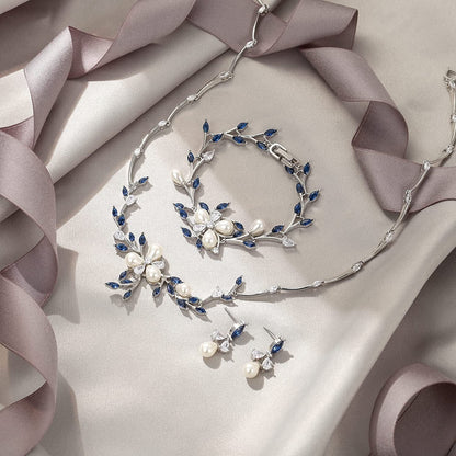 EVER FAITH Marquise CZ Simulated Pearl Bridal Flower Leaf Filigree Necklace Earrings Bracelet Set