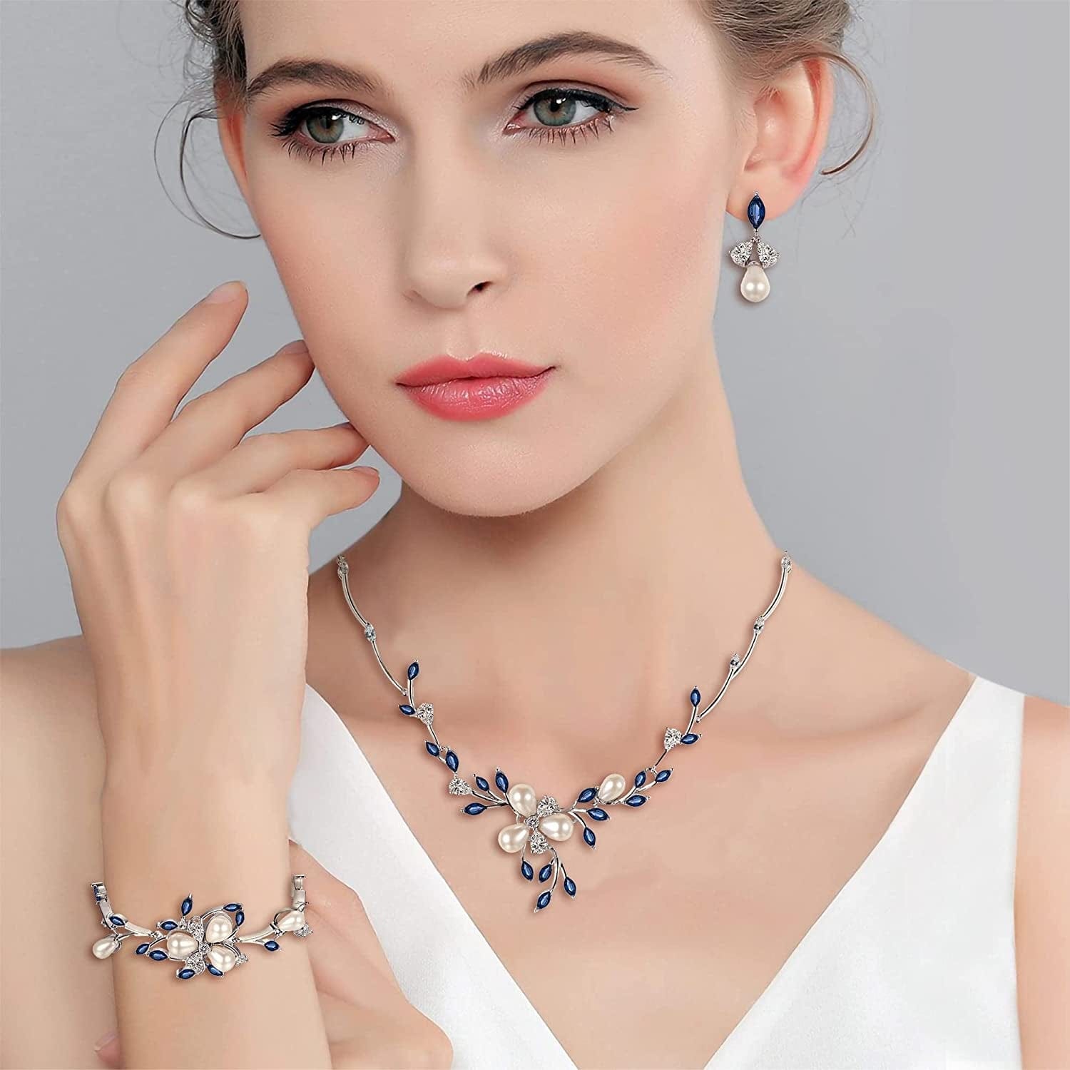 EVER FAITH Marquise CZ Simulated Pearl Bridal Flower Leaf Filigree Necklace Earrings Bracelet Set