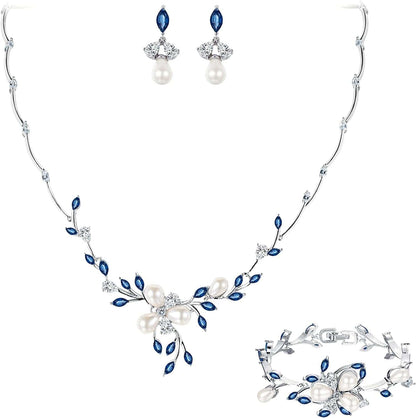 EVER FAITH Marquise CZ Simulated Pearl Bridal Flower Leaf Filigree Necklace Earrings Bracelet Set Earring+Necklace+Bracelet_Sapphire Blue