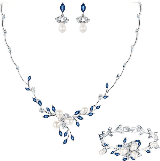 EVER FAITH Marquise CZ Simulated Pearl Bridal Flower Leaf Filigree Necklace Earrings Bracelet Set Earring+Necklace+Bracelet_Sapphire Blue