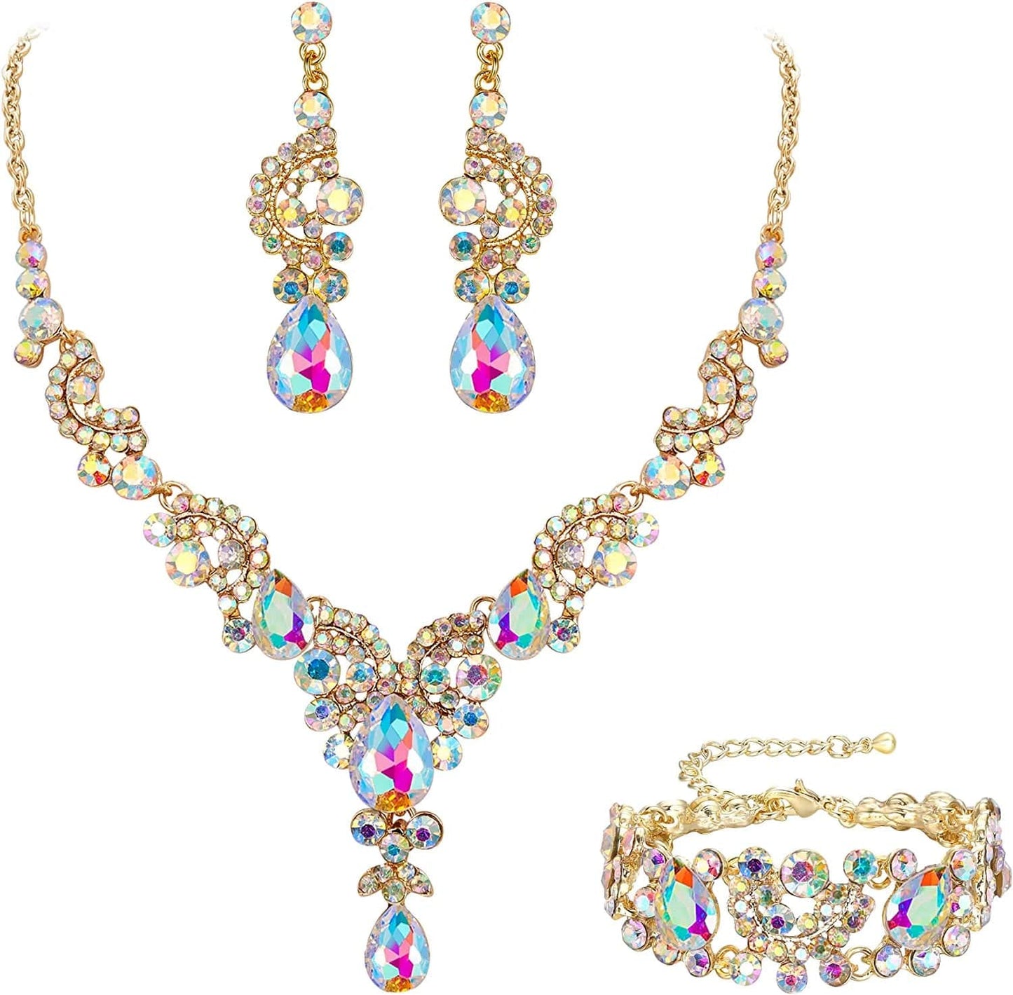 EVER FAITH Rhinestone Crystal Bridal Art Deco Floral Wave Teardrop Necklace Earrings Bracelet Jewelry Set 21_Iridescent Clear AB Gold-Tone