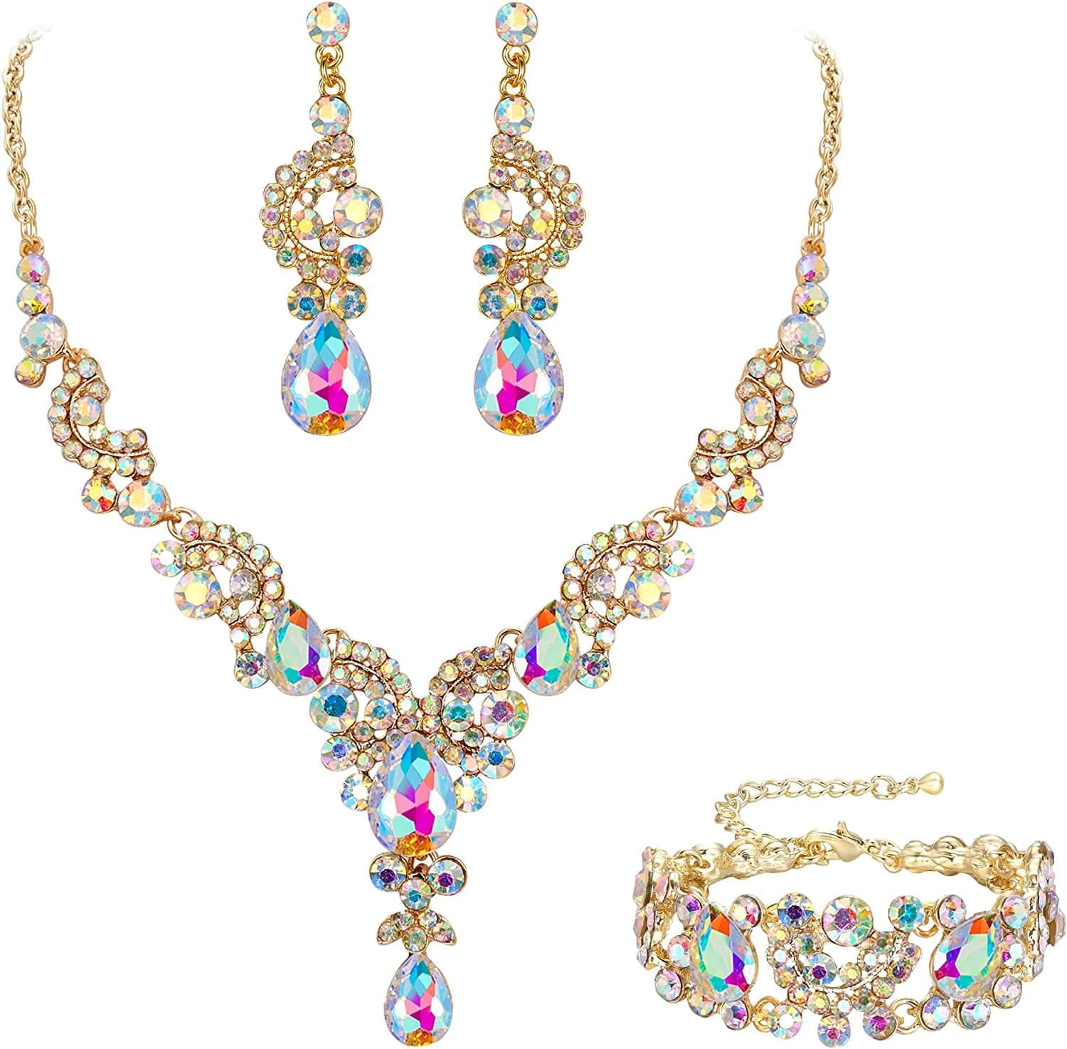 EVER FAITH Rhinestone Crystal Bridal Art Deco Floral Wave Teardrop Necklace Earrings Bracelet Jewelry Set 21_Iridescent Clear AB Gold-Tone