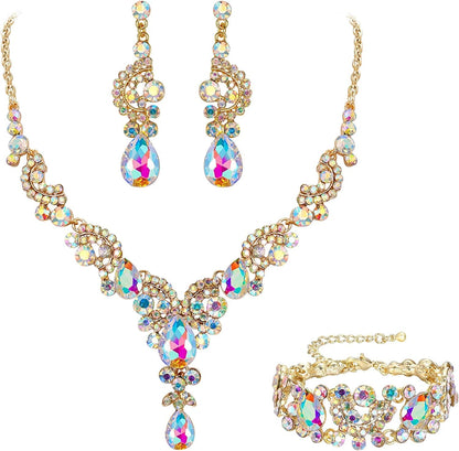EVER FAITH Rhinestone Crystal Bridal Art Deco Floral Wave Teardrop Necklace Earrings Bracelet Jewelry Set 21_Iridescent Clear AB Gold-Tone