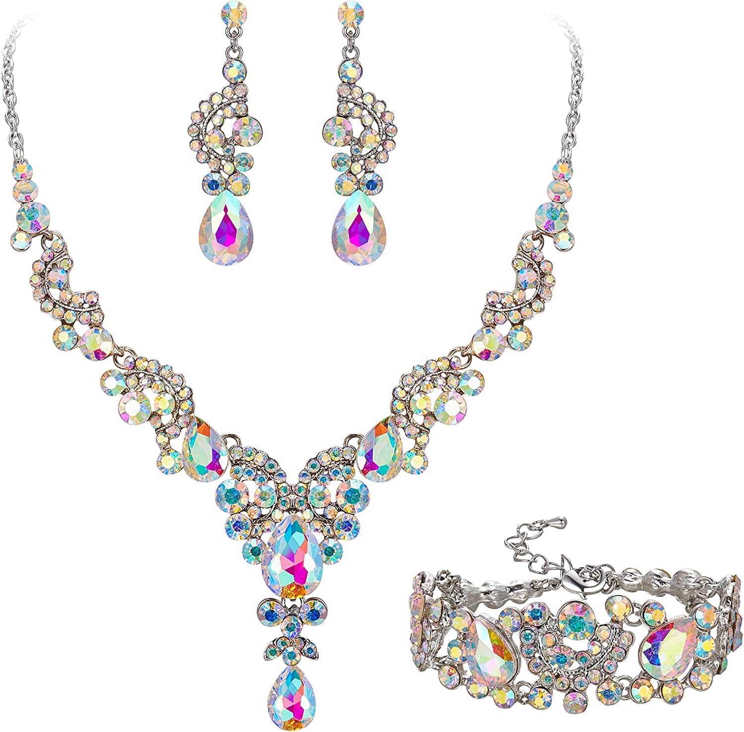 EVER FAITH Rhinestone Crystal Bridal Art Deco Floral Wave Teardrop Necklace Earrings Bracelet Jewelry Set 3_Iridescent Clear AB Silver-Tone