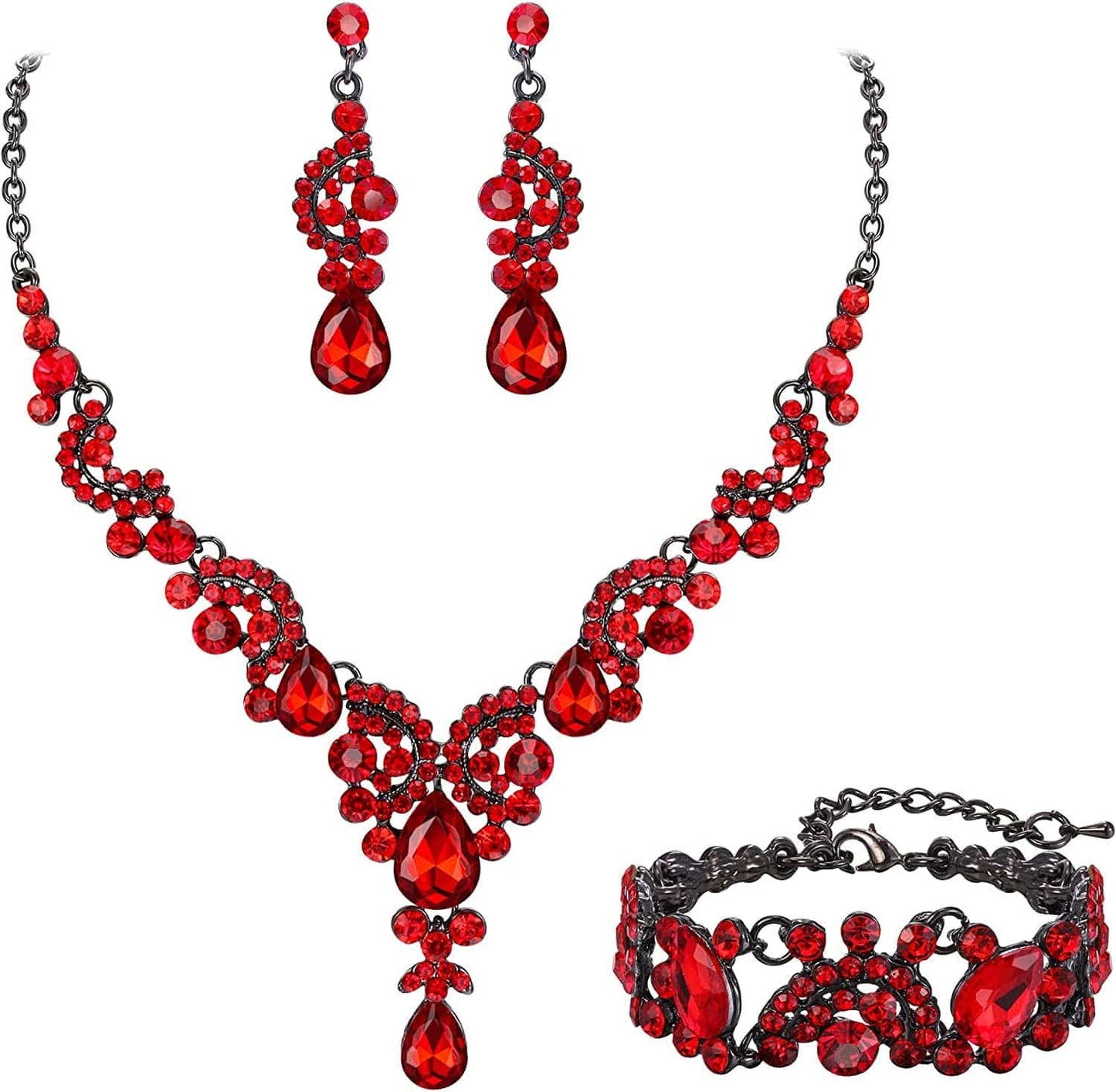 EVER FAITH Rhinestone Crystal Bridal Art Deco Floral Wave Teardrop Necklace Earrings Bracelet Jewelry Set 24_Red Black-Tone