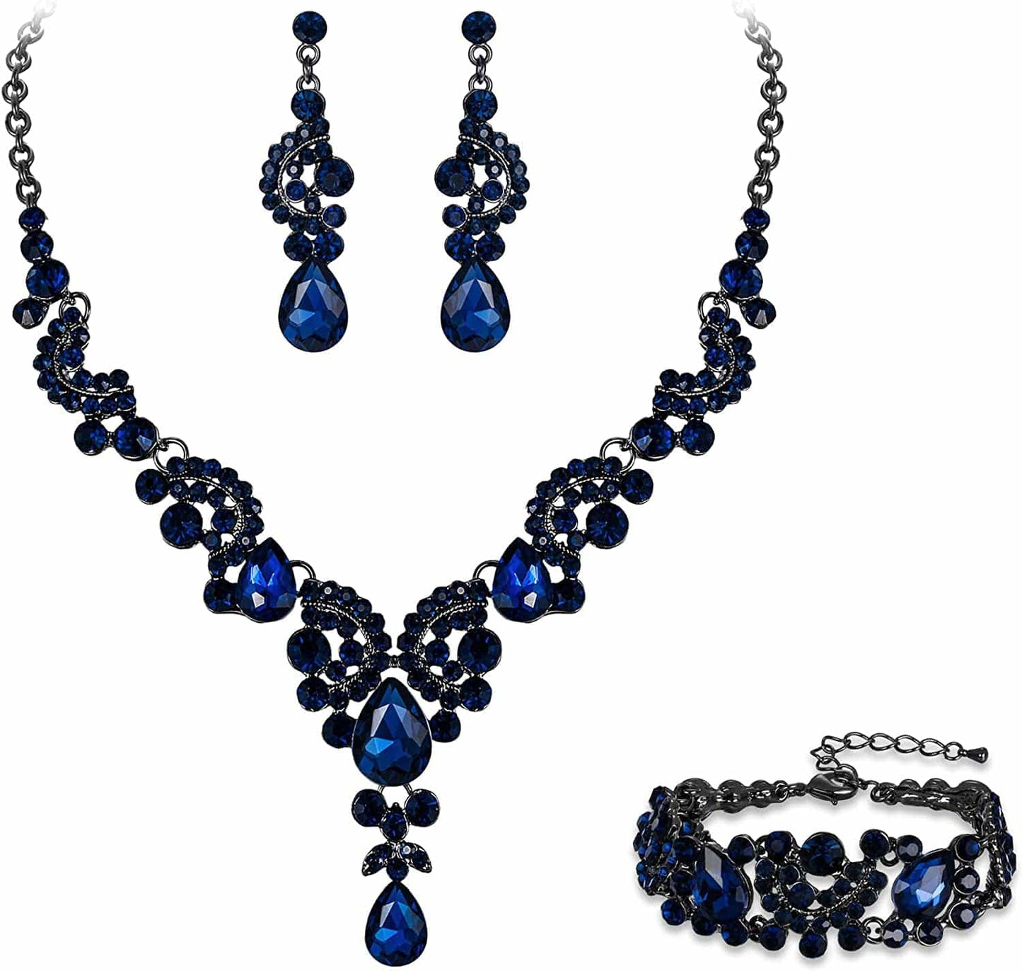 EVER FAITH Rhinestone Crystal Bridal Art Deco Floral Wave Teardrop Necklace Earrings Bracelet Jewelry Set 11_Blue Black-Tone