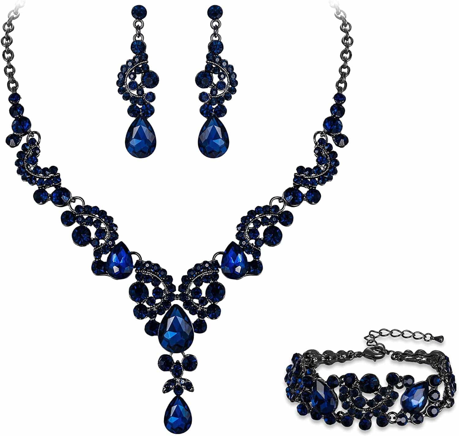 EVER FAITH Rhinestone Crystal Bridal Art Deco Floral Wave Teardrop Necklace Earrings Bracelet Jewelry Set 11_Blue Black-Tone