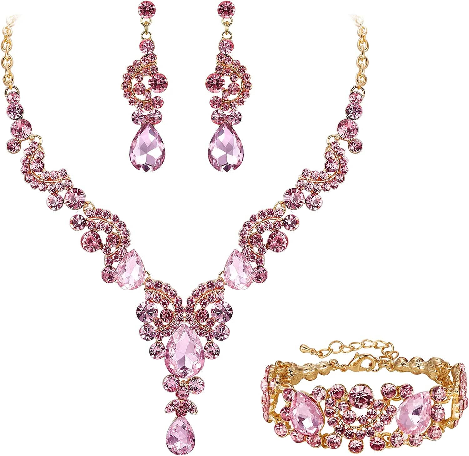 EVER FAITH Rhinestone Crystal Bridal Art Deco Floral Wave Teardrop Necklace Earrings Bracelet Jewelry Set 5_Pink Gold-Tone