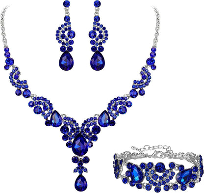 EVER FAITH Rhinestone Crystal Bridal Art Deco Floral Wave Teardrop Necklace Earrings Bracelet Jewelry Set 8_Navy Blue Silver-Tone