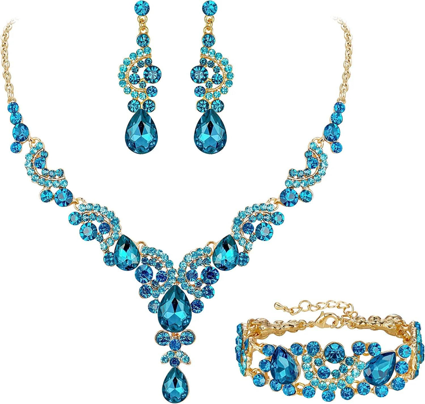 EVER FAITH Rhinestone Crystal Bridal Art Deco Floral Wave Teardrop Necklace Earrings Bracelet Jewelry Set 6_Sky Blue Gold-Tone