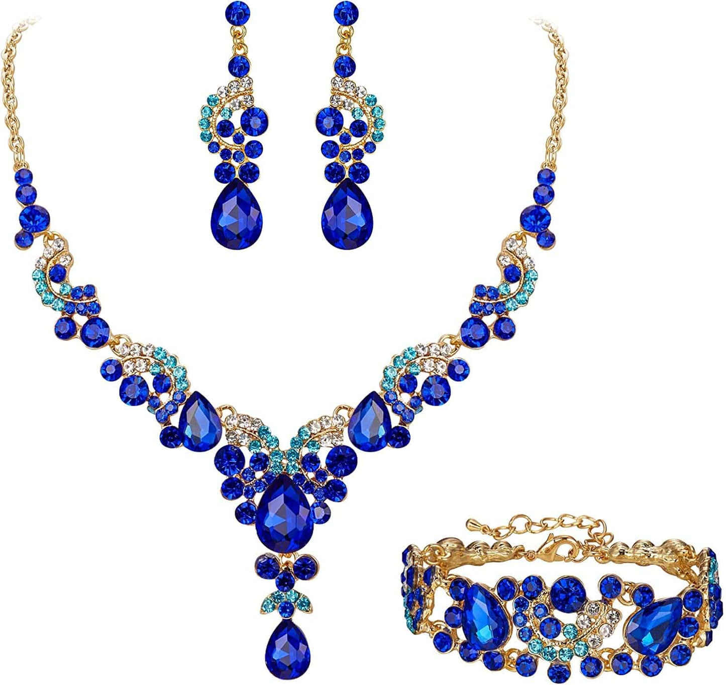 EVER FAITH Rhinestone Crystal Bridal Art Deco Floral Wave Teardrop Necklace Earrings Bracelet Jewelry Set 13_Royal Blue Gold-Tone