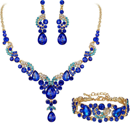 EVER FAITH Rhinestone Crystal Bridal Art Deco Floral Wave Teardrop Necklace Earrings Bracelet Jewelry Set 13_Royal Blue Gold-Tone