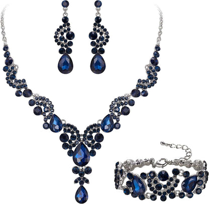 EVER FAITH Rhinestone Crystal Bridal Art Deco Floral Wave Teardrop Necklace Earrings Bracelet Jewelry Set 4_Sapphire Color Silver-Tone