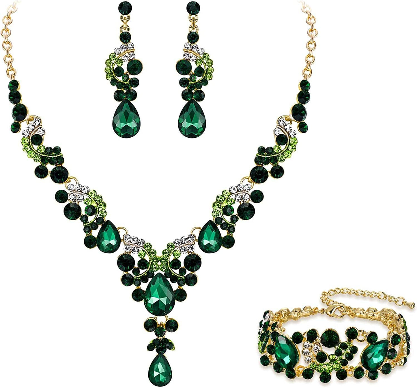 EVER FAITH Rhinestone Crystal Bridal Art Deco Floral Wave Teardrop Necklace Earrings Bracelet Jewelry Set 16_Green Gold-Tone