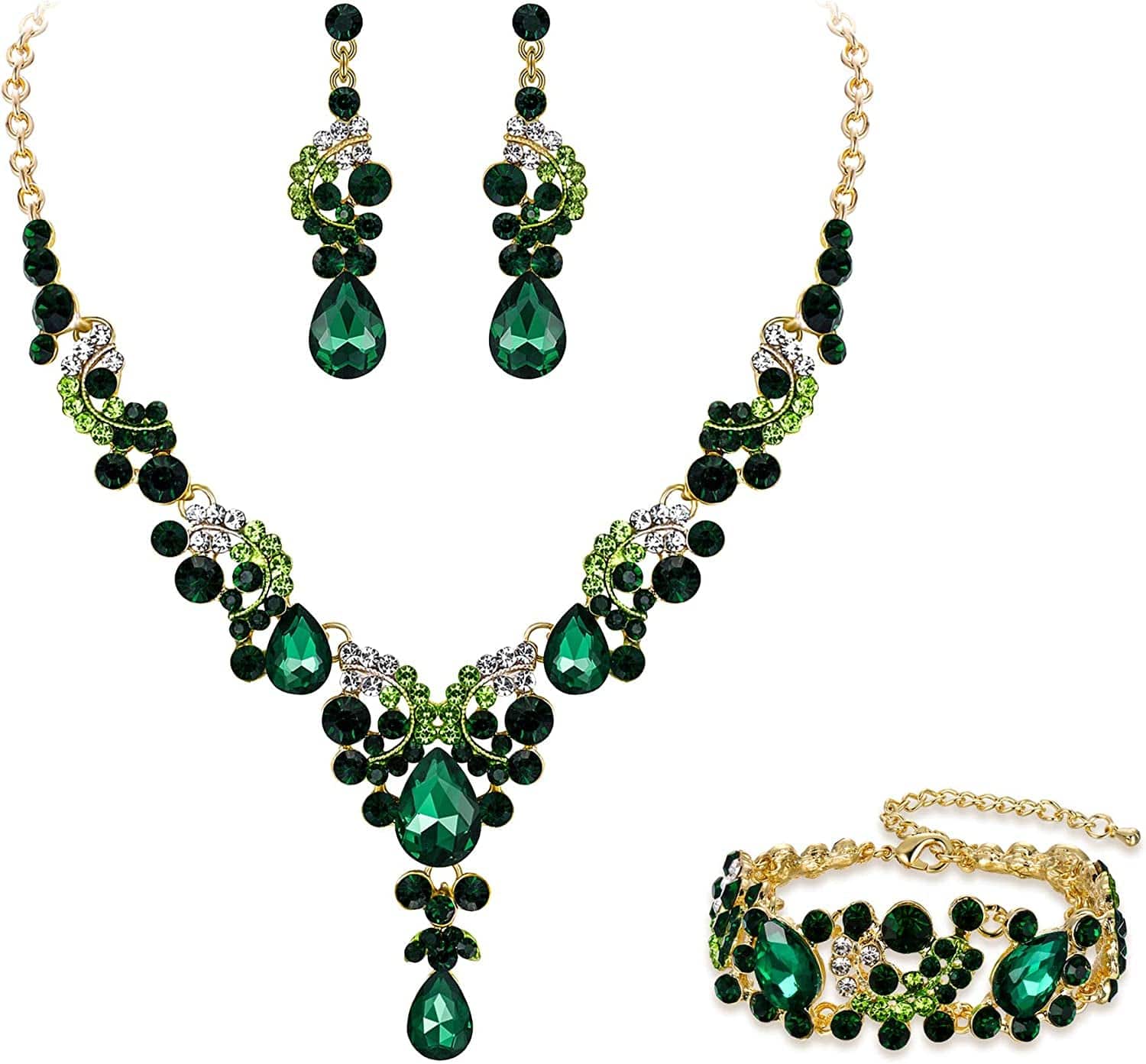 EVER FAITH Rhinestone Crystal Bridal Art Deco Floral Wave Teardrop Necklace Earrings Bracelet Jewelry Set 16_Green Gold-Tone
