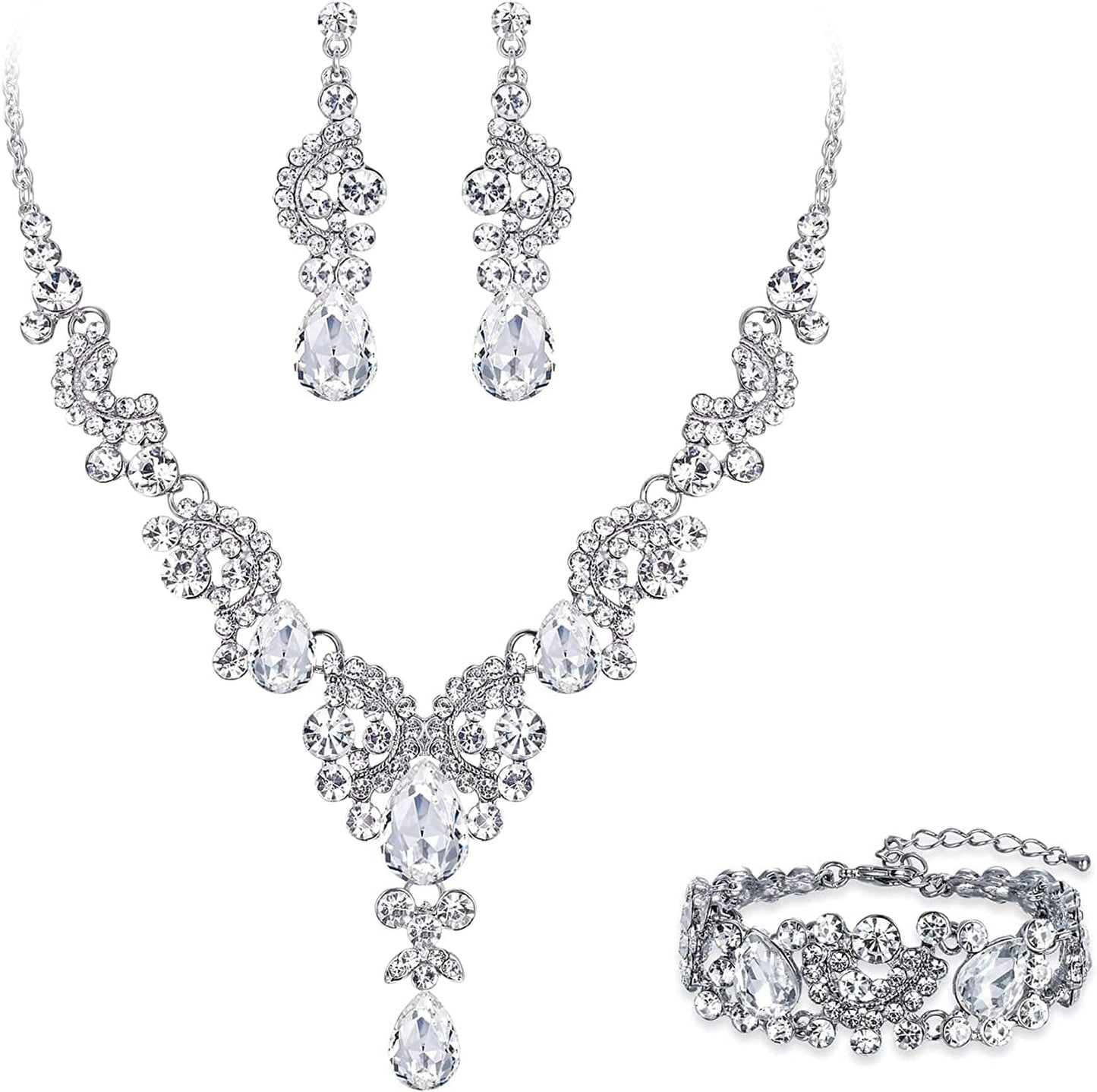 EVER FAITH Rhinestone Crystal Bridal Art Deco Floral Wave Teardrop Necklace Earrings Bracelet Jewelry Set 14_Clear Silver-Tone
