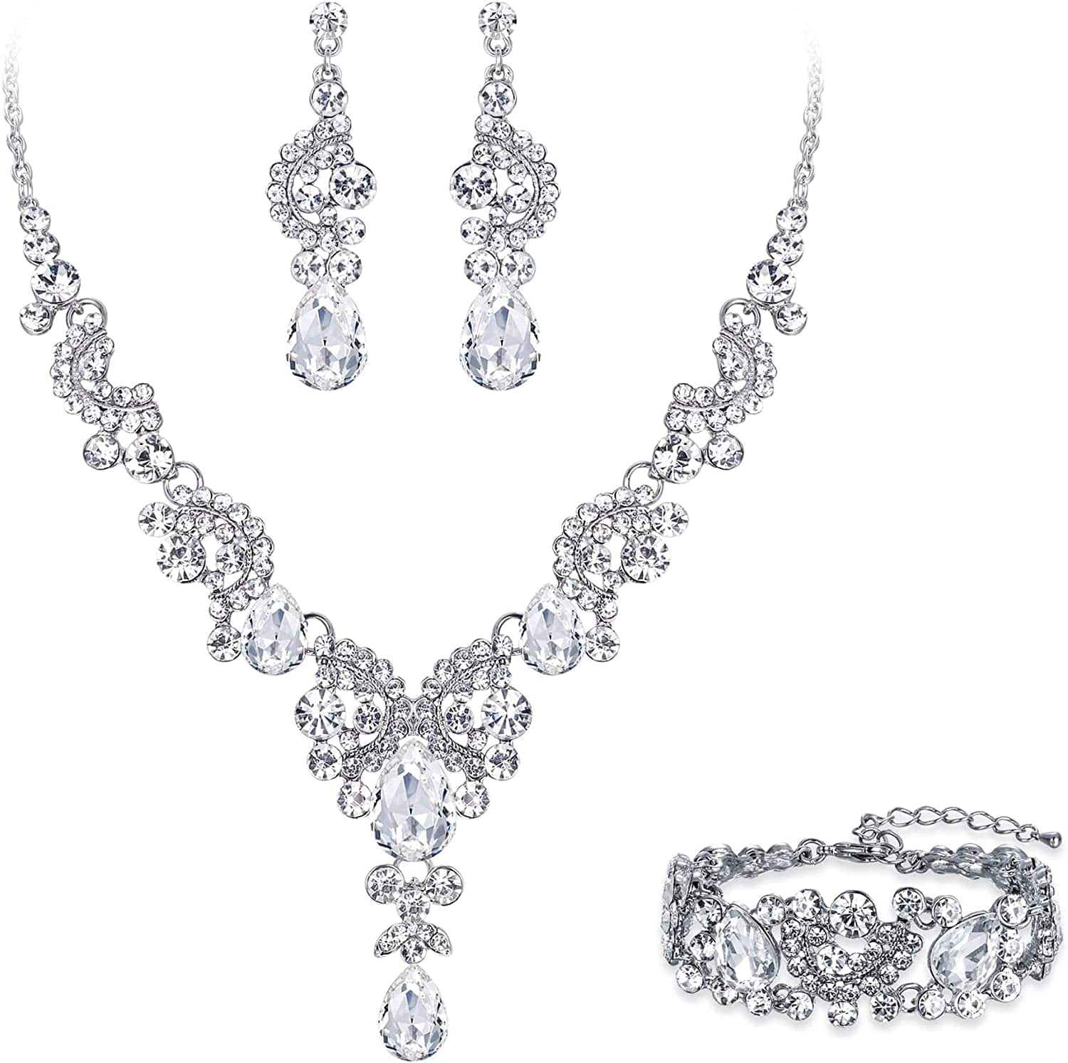 EVER FAITH Rhinestone Crystal Bridal Art Deco Floral Wave Teardrop Necklace Earrings Bracelet Jewelry Set 14_Clear Silver-Tone