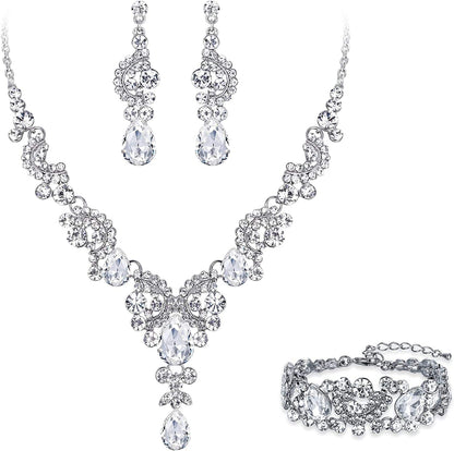 EVER FAITH Rhinestone Crystal Bridal Art Deco Floral Wave Teardrop Necklace Earrings Bracelet Jewelry Set 14_Clear Silver-Tone