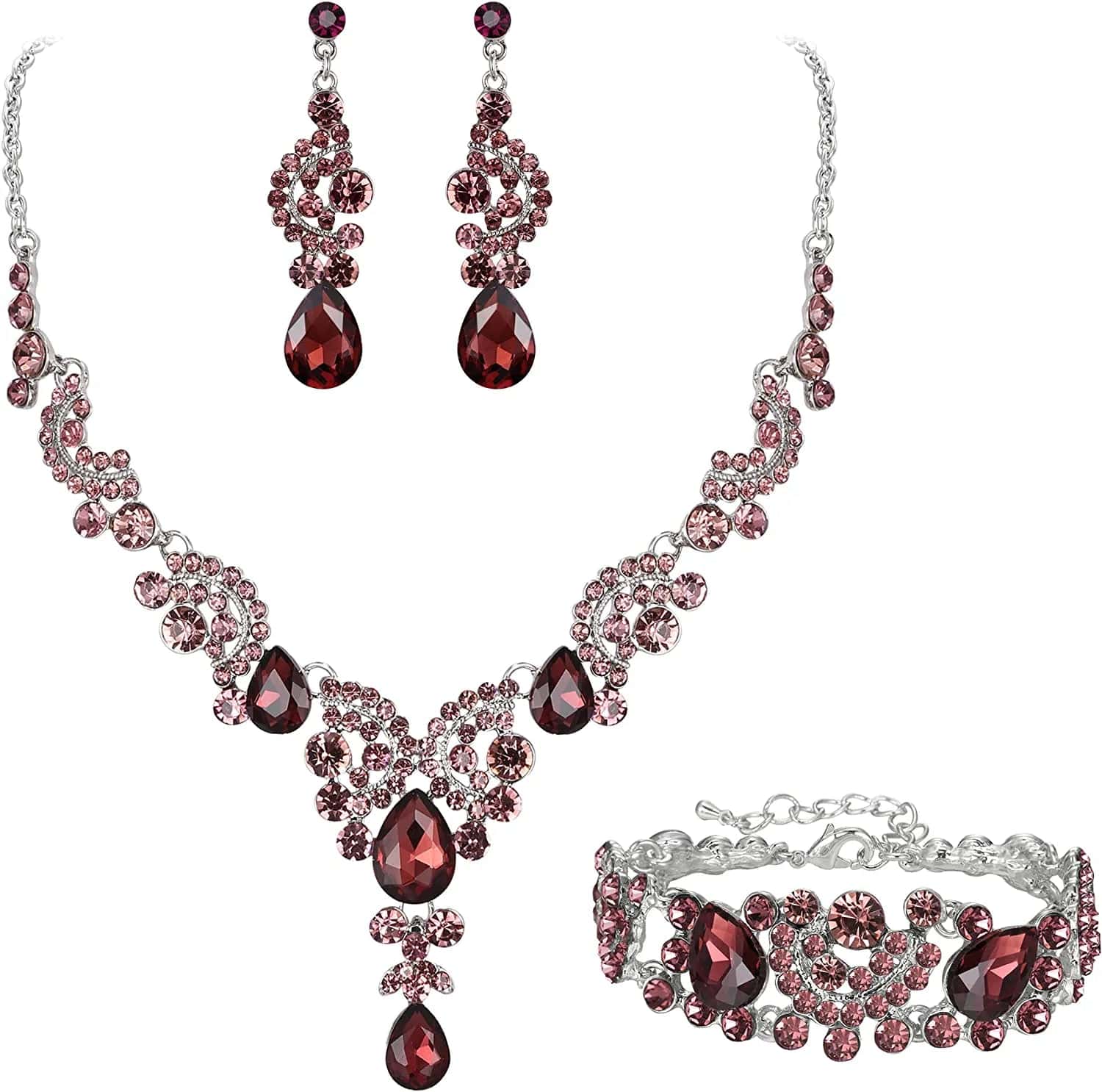 EVER FAITH Rhinestone Crystal Bridal Art Deco Floral Wave Teardrop Necklace Earrings Bracelet Jewelry Set 21_Purple Silver-Tone