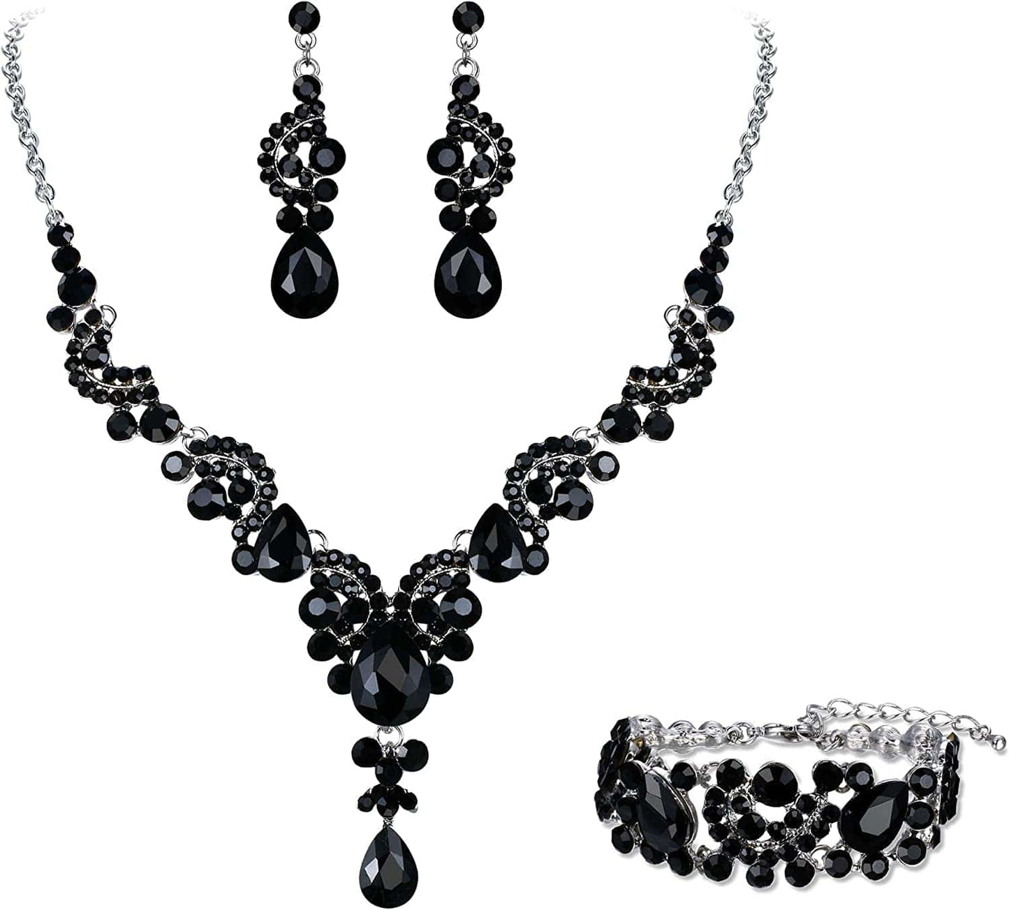 EVER FAITH Rhinestone Crystal Bridal Art Deco Floral Wave Teardrop Necklace Earrings Bracelet Jewelry Set 15_Black Silver-Tone