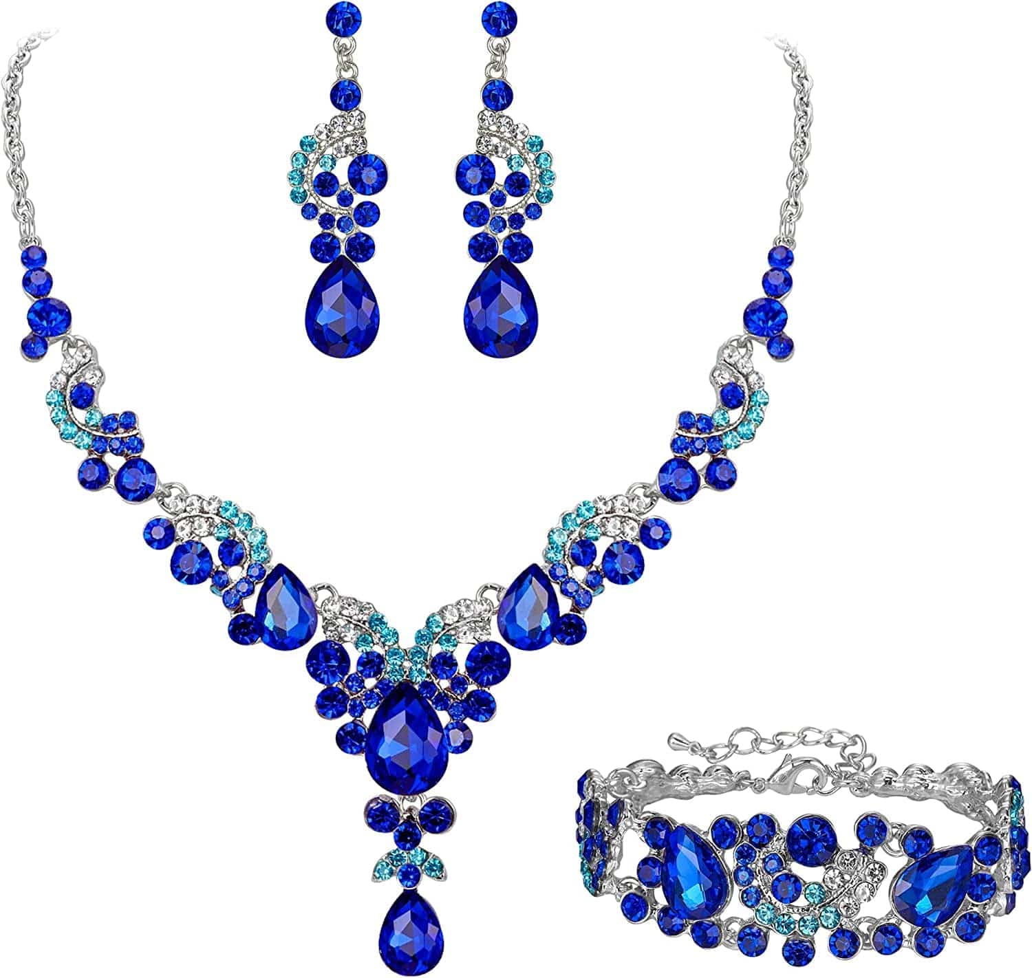 EVER FAITH Rhinestone Crystal Bridal Art Deco Floral Wave Teardrop Necklace Earrings Bracelet Jewelry Set 9_Royal Blue Silver-Tone