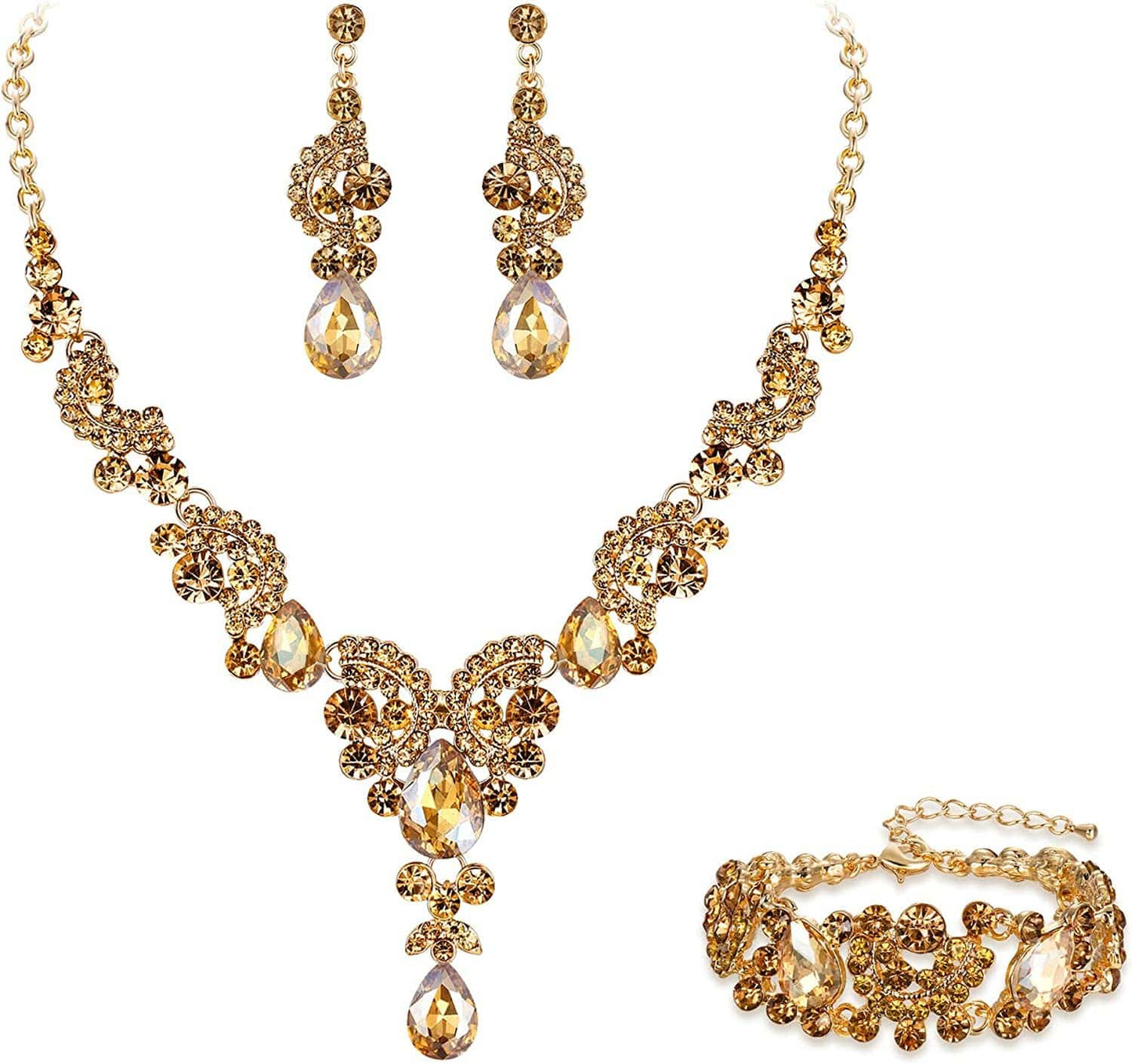 EVER FAITH Rhinestone Crystal Bridal Art Deco Floral Wave Teardrop Necklace Earrings Bracelet Jewelry Set 7_Brown Gold-Tone