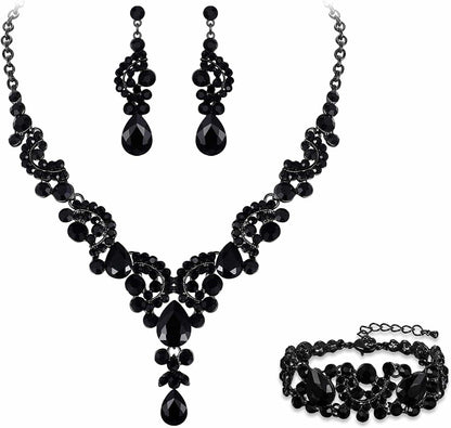 EVER FAITH Rhinestone Crystal Bridal Art Deco Floral Wave Teardrop Necklace Earrings Bracelet Jewelry Set 10_Black Black-Tone