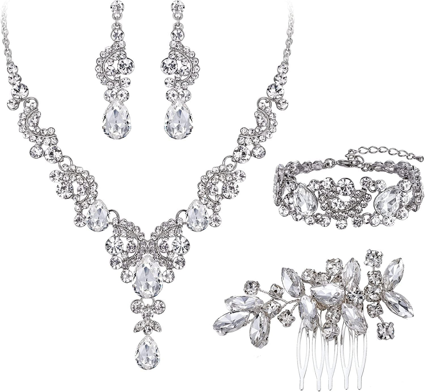 EVER FAITH Rhinestone Crystal Bridal Art Deco Floral Wave Teardrop Necklace Earrings Bracelet Jewelry Set 20_White Silver-Tone