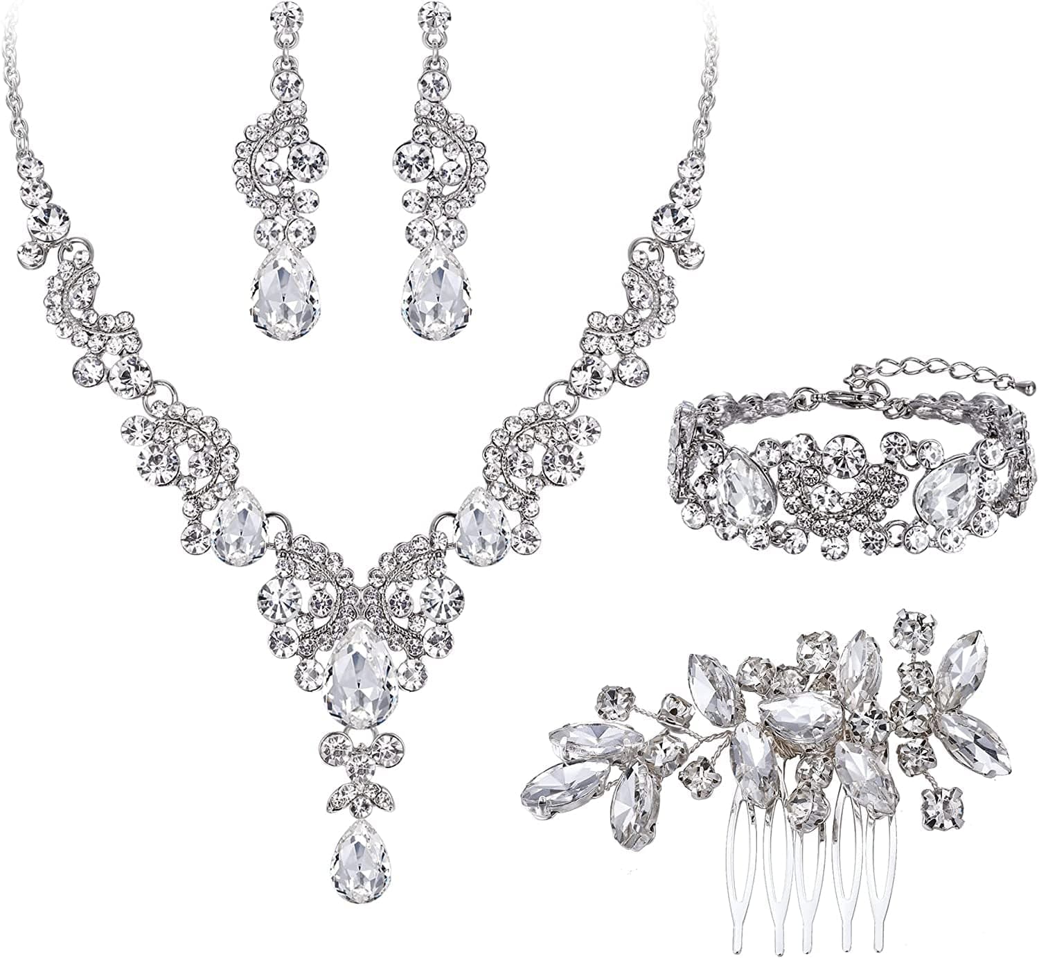 EVER FAITH Rhinestone Crystal Bridal Art Deco Floral Wave Teardrop Necklace Earrings Bracelet Jewelry Set 20_White Silver-Tone