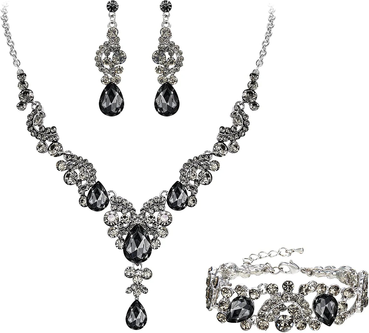 EVER FAITH Rhinestone Crystal Bridal Art Deco Floral Wave Teardrop Necklace Earrings Bracelet Jewelry Set 12_Grey Silver-Tone