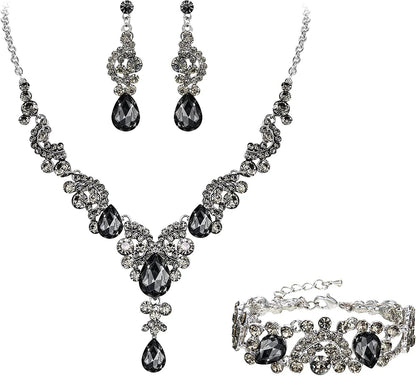 EVER FAITH Rhinestone Crystal Bridal Art Deco Floral Wave Teardrop Necklace Earrings Bracelet Jewelry Set 12_Grey Silver-Tone
