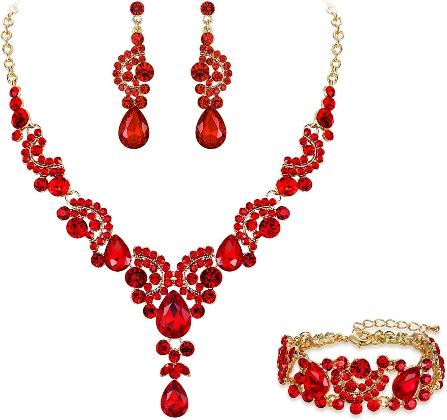EVER FAITH Rhinestone Crystal Bridal Art Deco Floral Wave Teardrop Necklace Earrings Bracelet Jewelry Set 1_Red Gold-Tone