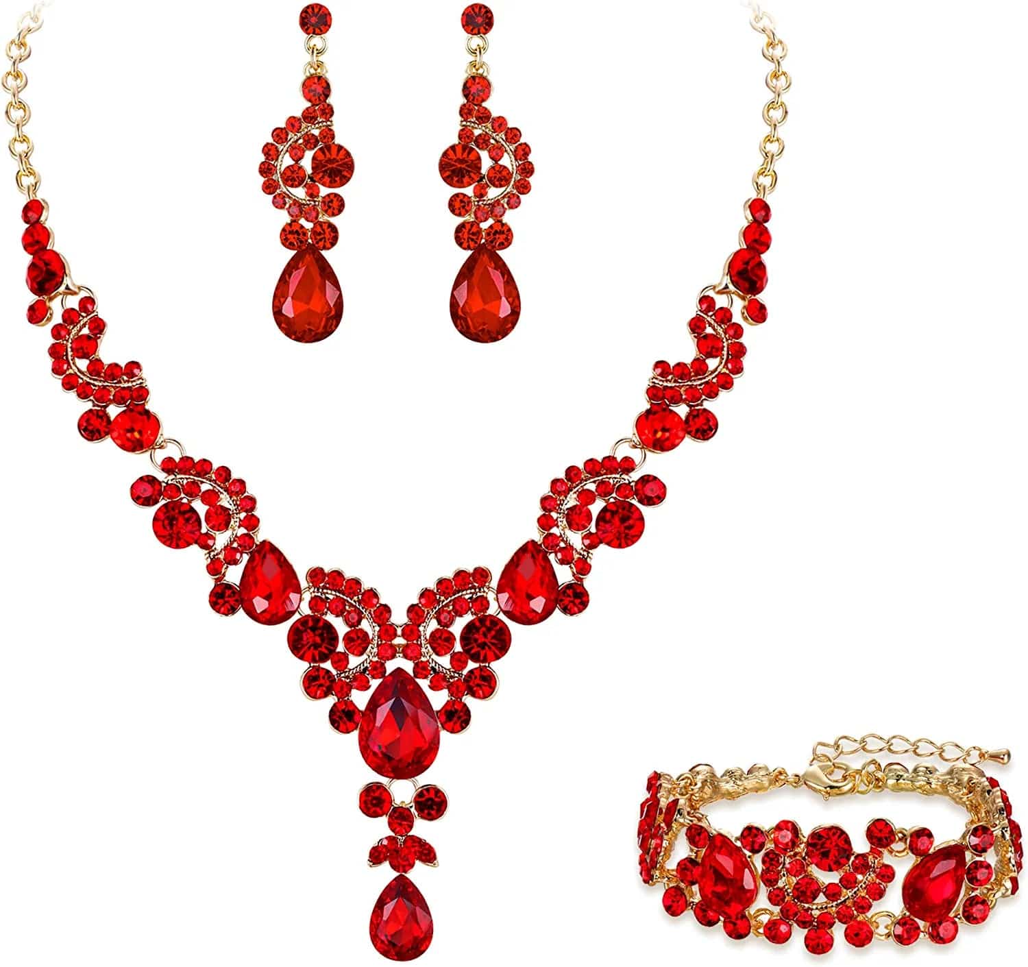 EVER FAITH Rhinestone Crystal Bridal Art Deco Floral Wave Teardrop Necklace Earrings Bracelet Jewelry Set 1_Red Gold-Tone
