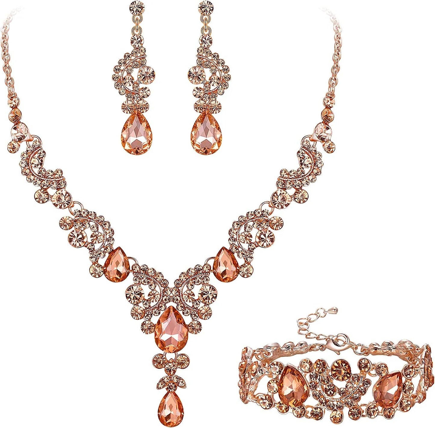 EVER FAITH Rhinestone Crystal Bridal Art Deco Floral Wave Teardrop Necklace Earrings Bracelet Jewelry Set 19_Champagne Rose Gold-Tone