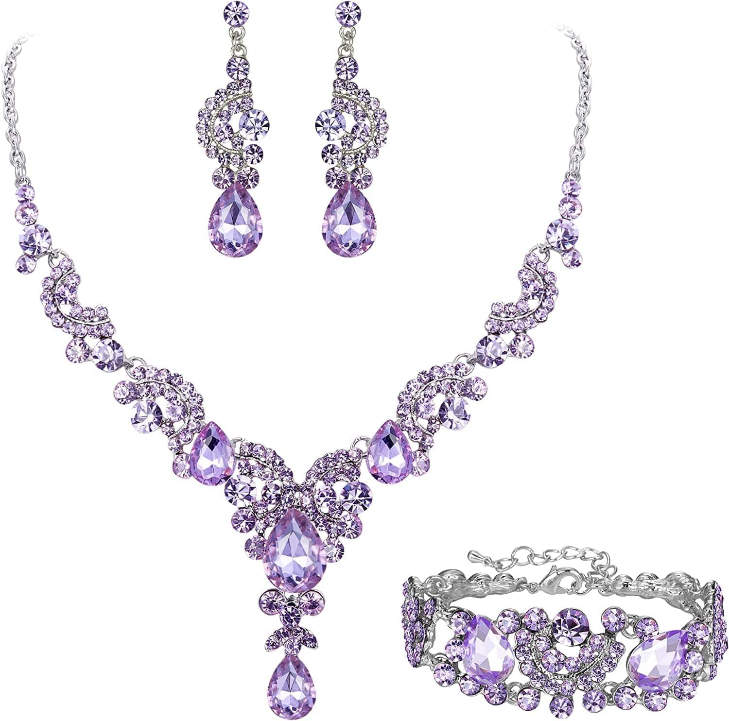 EVER FAITH Rhinestone Crystal Bridal Art Deco Floral Wave Teardrop Necklace Earrings Bracelet Jewelry Set 23_Light Purple Silver-Tone