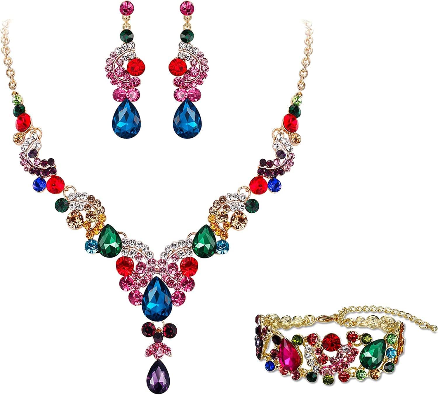 EVER FAITH Rhinestone Crystal Bridal Art Deco Floral Wave Teardrop Necklace Earrings Bracelet Jewelry Set 2_Multicolor Gold-Tone