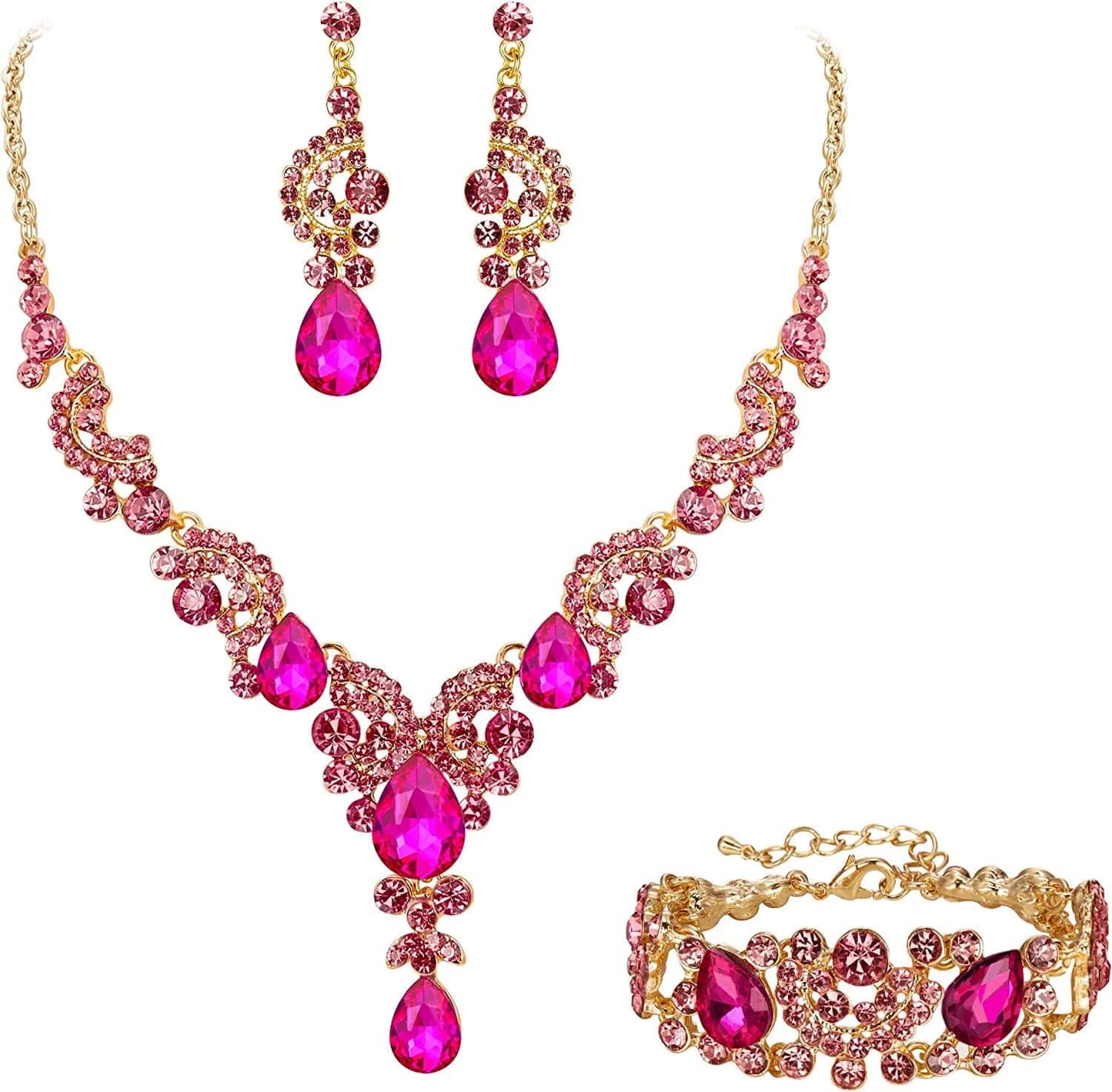 EVER FAITH Rhinestone Crystal Bridal Art Deco Floral Wave Teardrop Necklace Earrings Bracelet Jewelry Set 18_Fuchsia Gold-Tone
