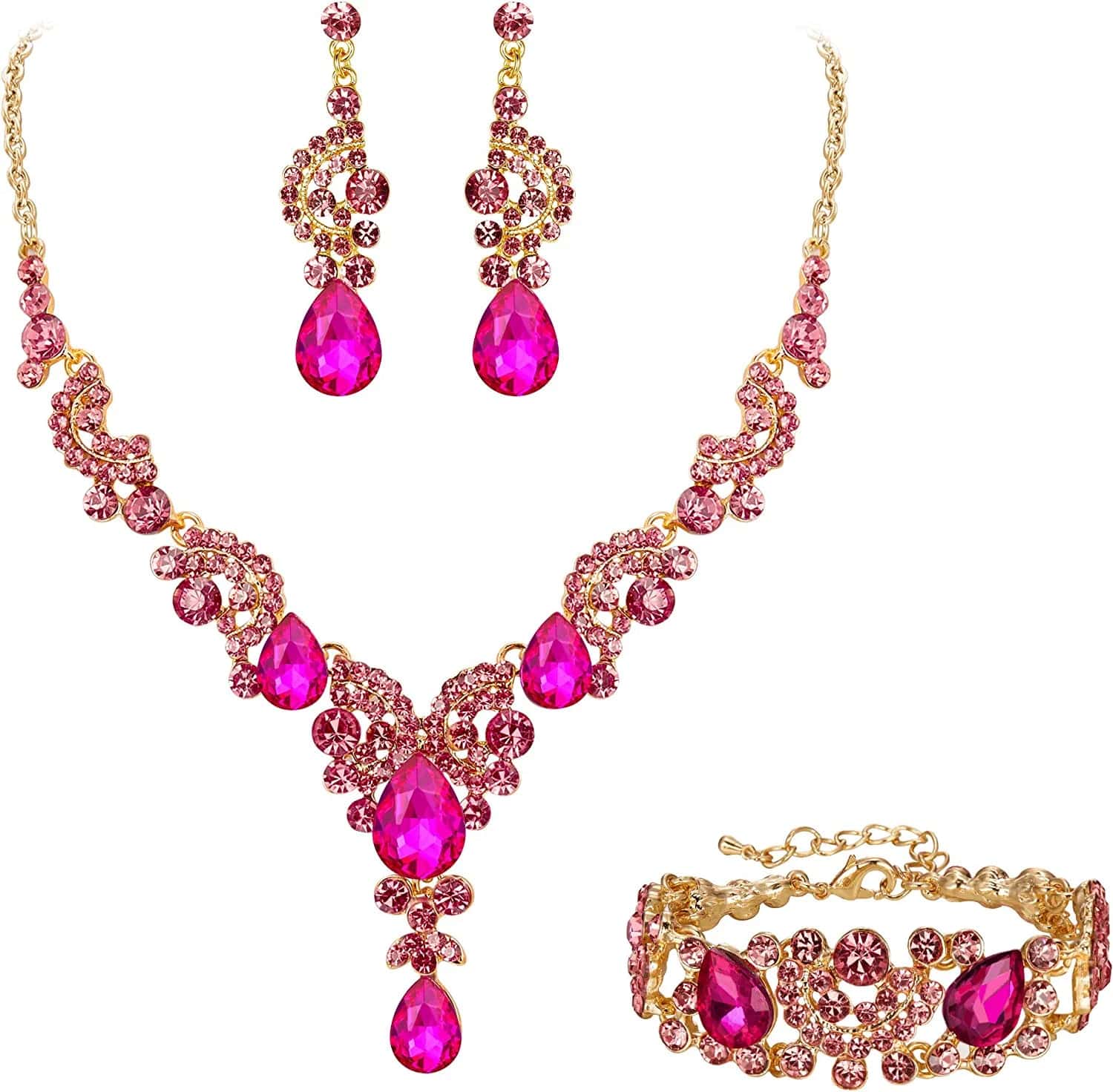 EVER FAITH Rhinestone Crystal Bridal Art Deco Floral Wave Teardrop Necklace Earrings Bracelet Jewelry Set 18_Fuchsia Gold-Tone